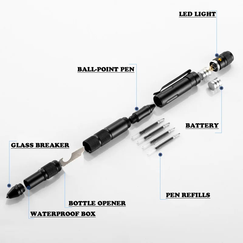 Multi-Function Self Defense Tactical Pen Emergency Flashlight Strobe Bottle Opener Glass Breaker Waterproof Storage Case Vue