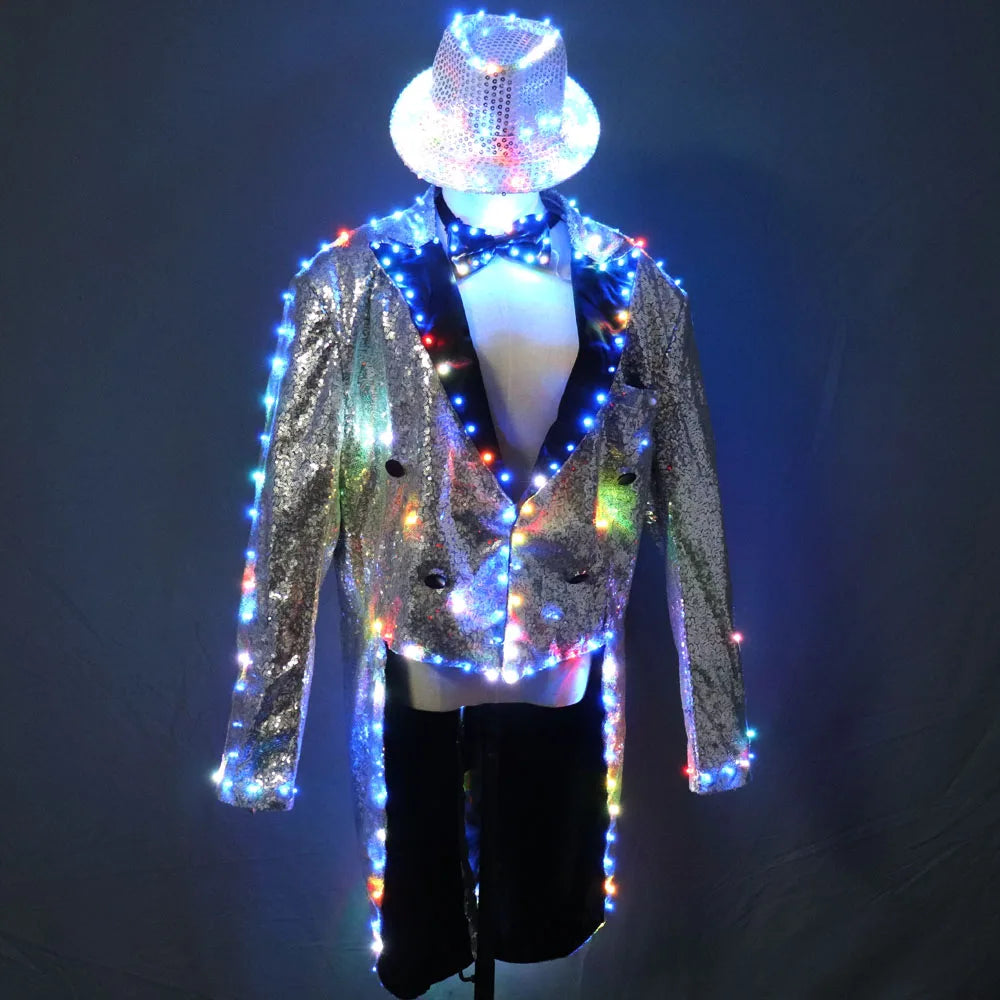 Fashion Swallowtail LED Tuxedo Luminous Costumes Glowing Vestidos LED Clothing Show Men LED Clothes Dance Accessories Vue