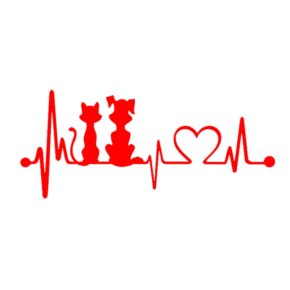 19*8.2CM Dog And Cat Heartbeat Car Stickers Puppy Kitten Fashion Animal Sticker Cartoon Creative Window Vinyl Decal Car Styling Vue Red