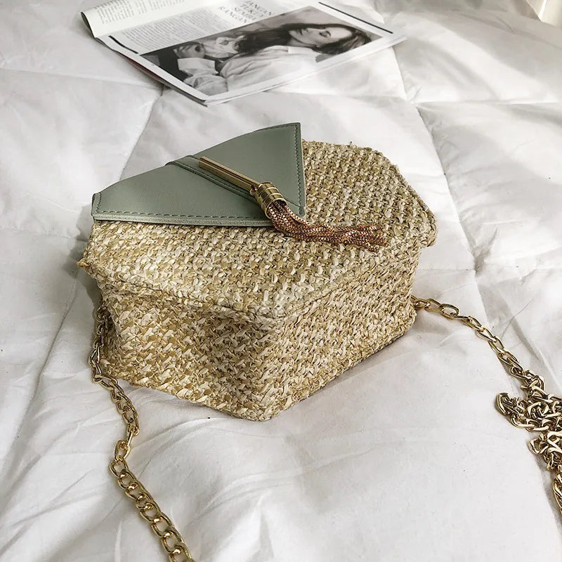 Hexagon Mulit Straw+leather Handbag Women Summer Rattan Bag Handmade