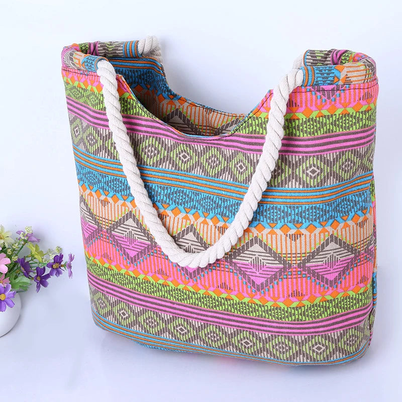 Casual Summer Beach Women Bag Lunch Fashion Canvas Striped Handbags