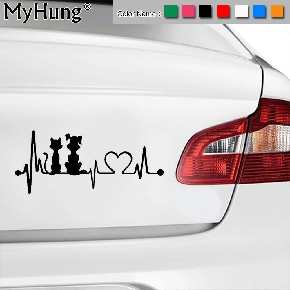 19*8.2CM Dog And Cat Heartbeat Car Stickers Puppy Kitten Fashion Animal Sticker Cartoon Creative Window Vinyl Decal Car Styling Vue