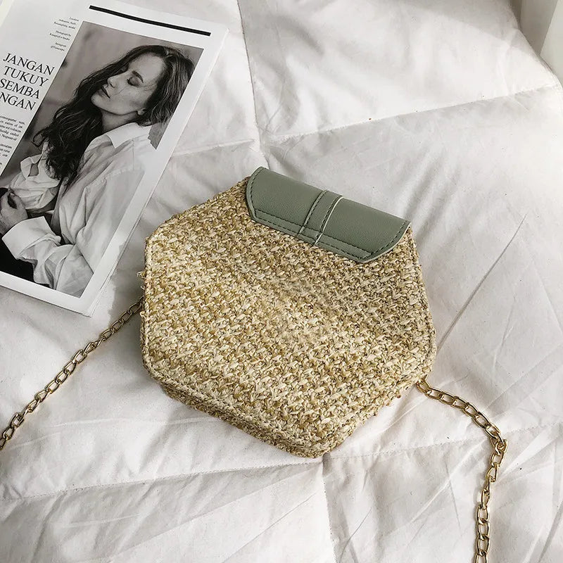 Hexagon Mulit Straw+leather Handbag Women Summer Rattan Bag Handmade