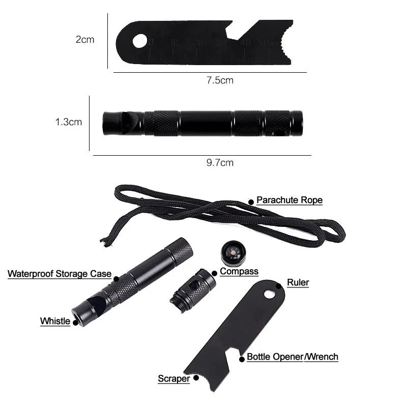7-IN-1 Multi Function Portable Outdoor Survival EDC Tool Emergency Whistle/Compass/Wrench/Ruler/Rope/Waterproof Case Pen Size Vue