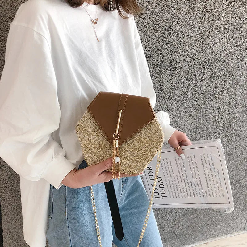 Hexagon Mulit Straw+leather Handbag Women Summer Rattan Bag Handmade