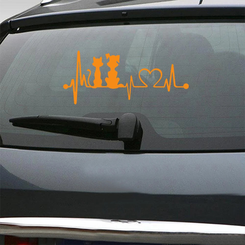 19*8.2CM Dog And Cat Heartbeat Car Stickers Puppy Kitten Fashion Animal Sticker Cartoon Creative Window Vinyl Decal Car Styling Vue
