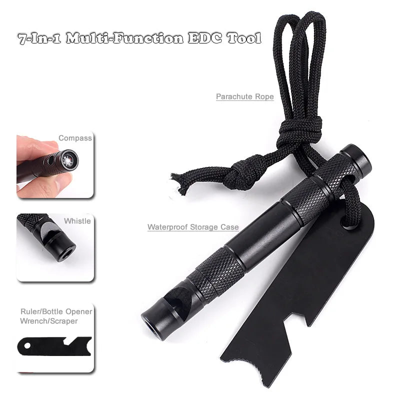 7-IN-1 Multi Function Portable Outdoor Survival EDC Tool Emergency Whistle/Compass/Wrench/Ruler/Rope/Waterproof Case Pen Size Vue Default Title