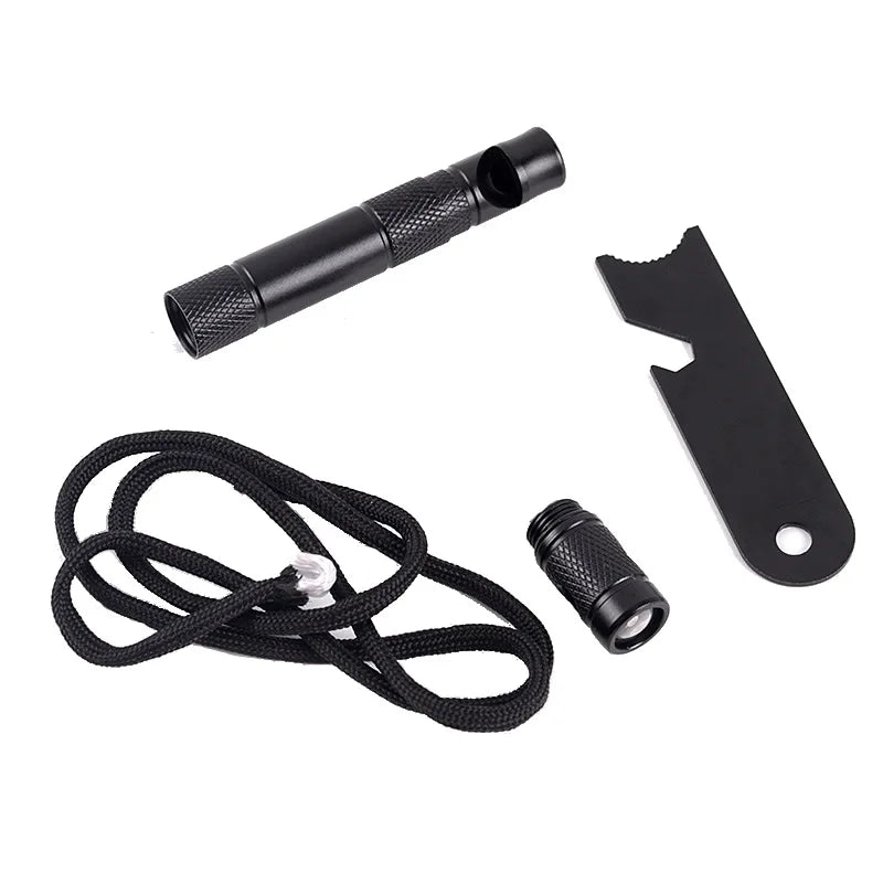 7-IN-1 Multi Function Portable Outdoor Survival EDC Tool Emergency Whistle/Compass/Wrench/Ruler/Rope/Waterproof Case Pen Size Vue