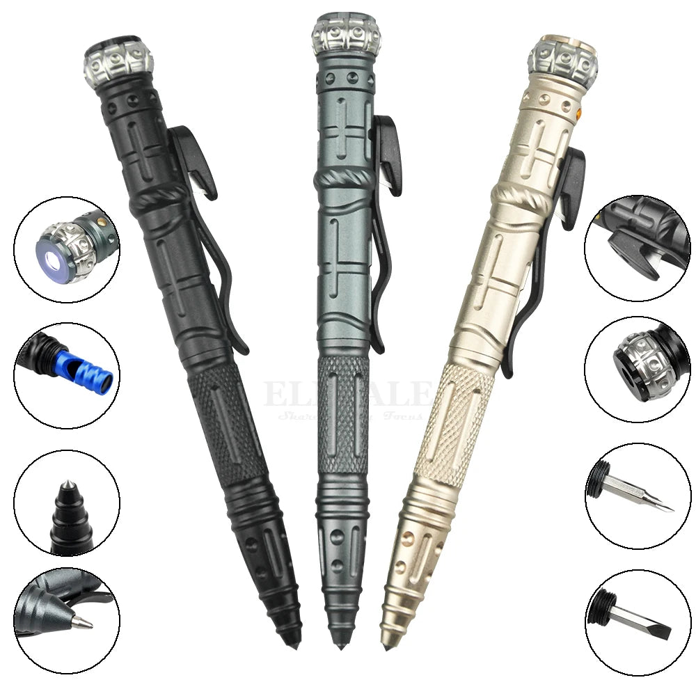 NEW 8-In-1 Multi-Function Self Defense Tactical Pen Outdoor Survival EDC Tool With Emergency Led Light Whistle Glass Breaker Vue