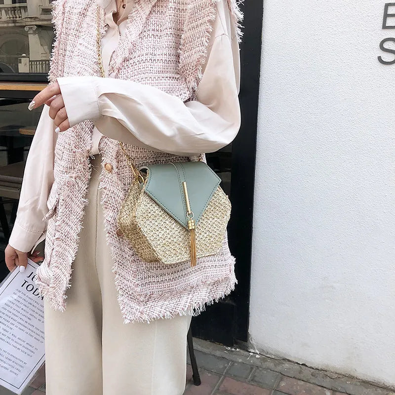 Hexagon Mulit Straw+leather Handbag Women Summer Rattan Bag Handmade