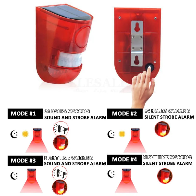 Solar Powered Infrared Motion Sensor Detector Siren Strobe Alarm System Waterproof 110dB Loud For Home Yard Outdoor Security Vue