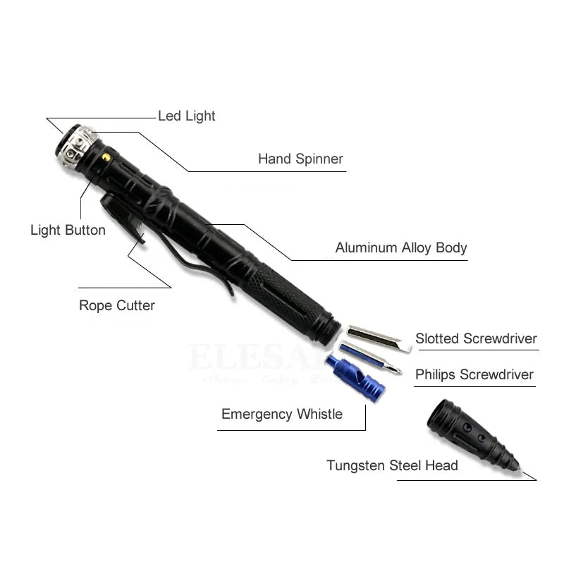 NEW 8-In-1 Multi-Function Self Defense Tactical Pen Outdoor Survival EDC Tool With Emergency Led Light Whistle Glass Breaker Vue