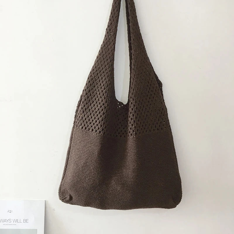 Vintage Hollow Woven Underarm Shoulder Bag Knitted Handbag Women Vue darkbrown