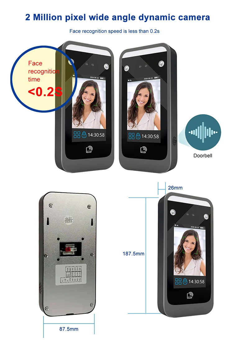 Dynamic Face Recognition Access Control System TCP/IP No Touch Contactless Facial 125Khz RFID Card HD Camera Time Attendance Vue
