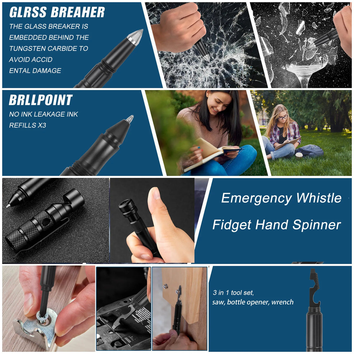 10In1 Portable Multi-Function Tactical Self Defense Pen Hand Spinner Whistle Screwdriver Glass Breaker Outdoor Survival EDC Tool Vue