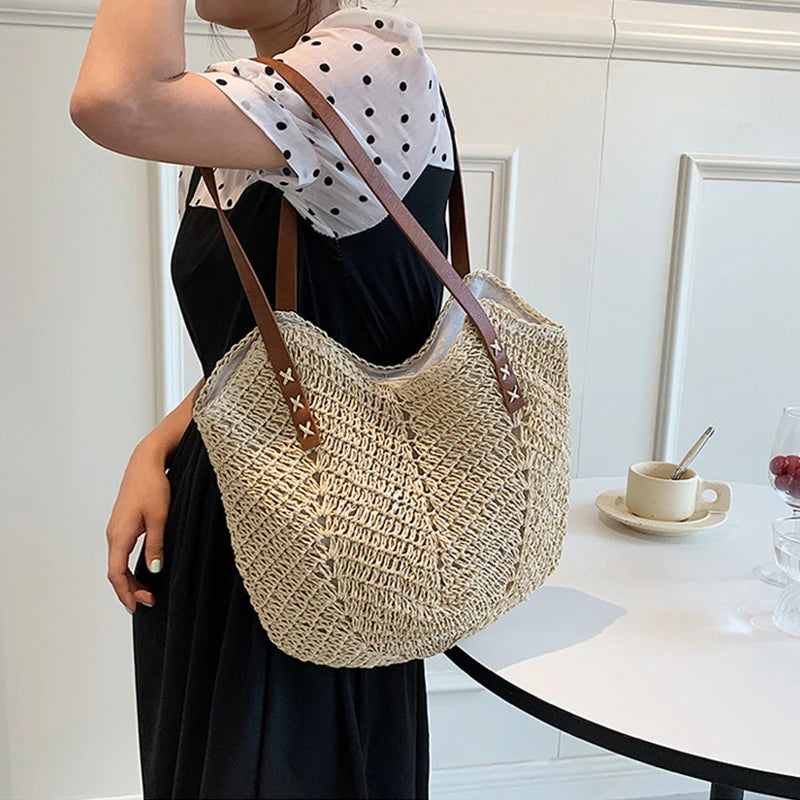 Summer Bucket Straw Bags Women Rattan Shoulder Bag Handmade Woven