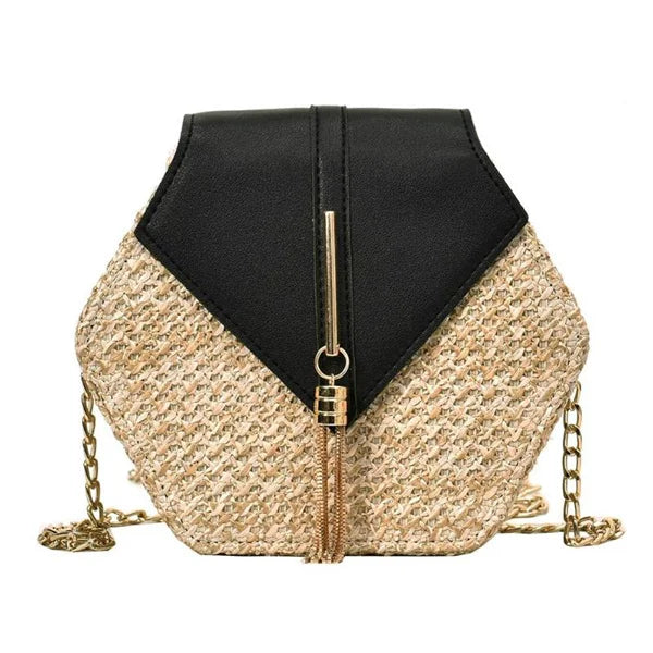 Hexagon Mulit Straw+leather Handbag Women Summer Rattan Bag Handmade Vue Black 21x6x19cm