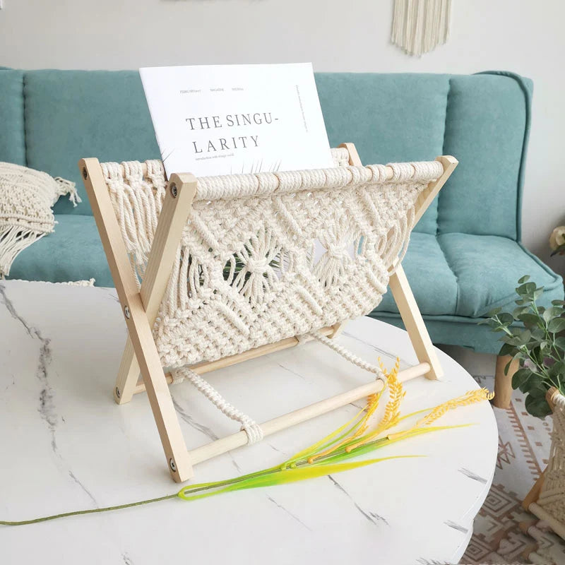 Macrame Cotton Rope Magazine Rack – Boho Desktop Bookshelf Magazine Storage Rack Vue
