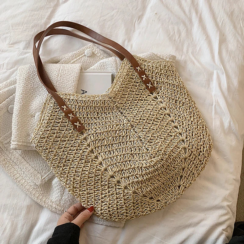 Summer Bucket Straw Bags Women Rattan Shoulder Bag Handmade Woven Vue beige 26x1x35cm