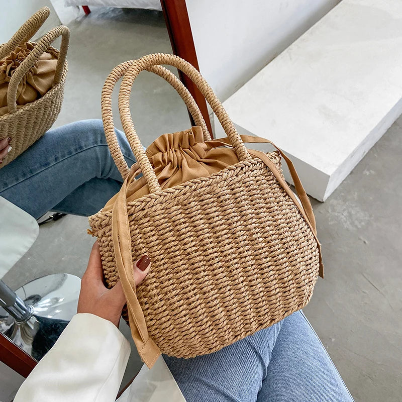Straw Bags Women Summer Rattan Bag Handmade Woven Beach Bohemia Vue khaki 20x12x17cm
