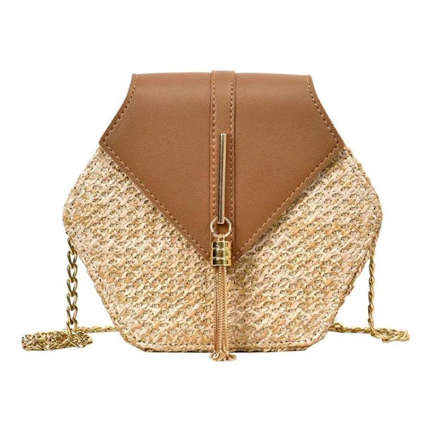 Hexagon Mulit Straw+leather Handbag Women Summer Rattan Bag Handmade Vue Brown 21x6x19cm