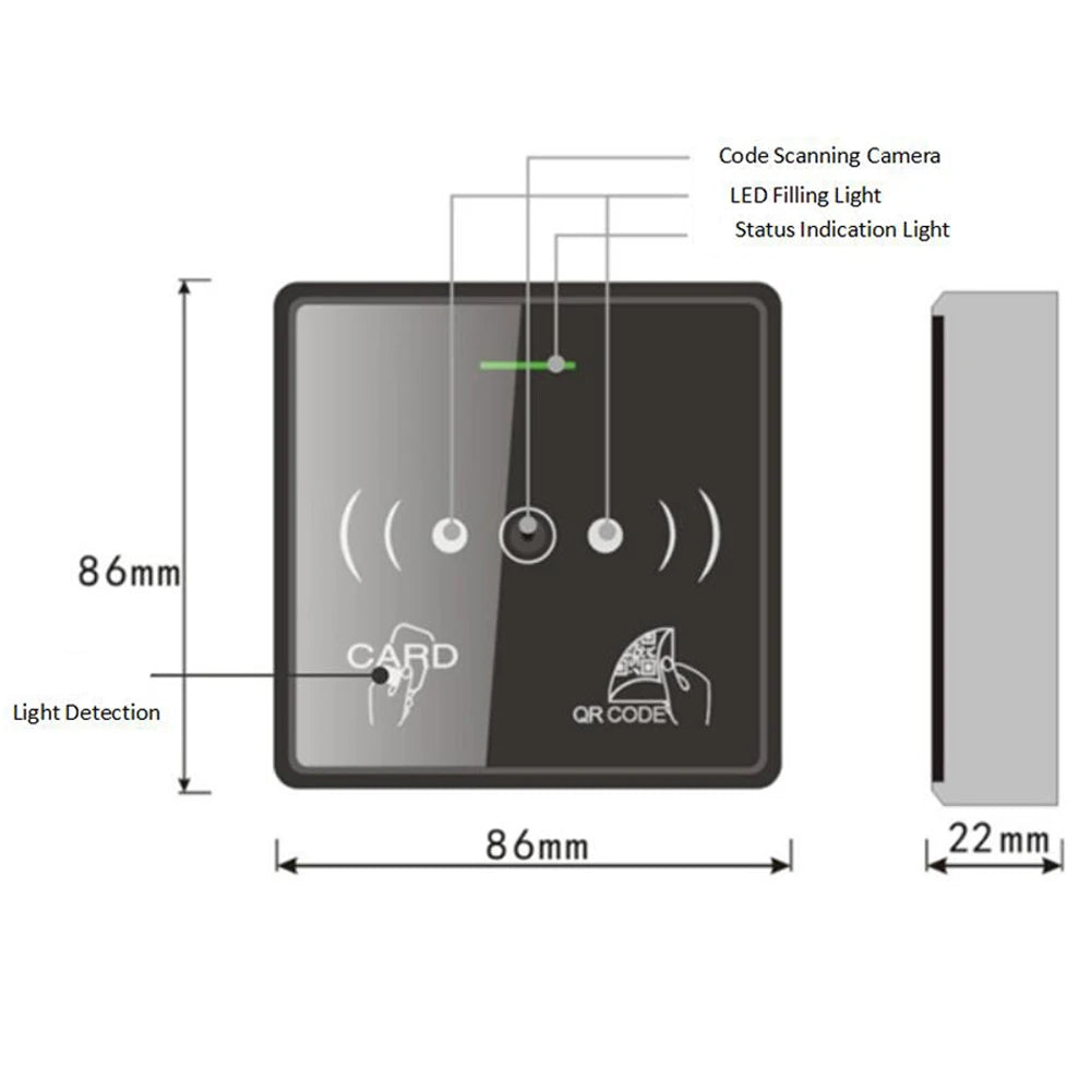 RFID Barcode QR Code Reader Access Control Reader TTL /RS485/ Wiegand 26/34 output 13.56MHZ Card NFC 20000 User Free Mobile APP Vue