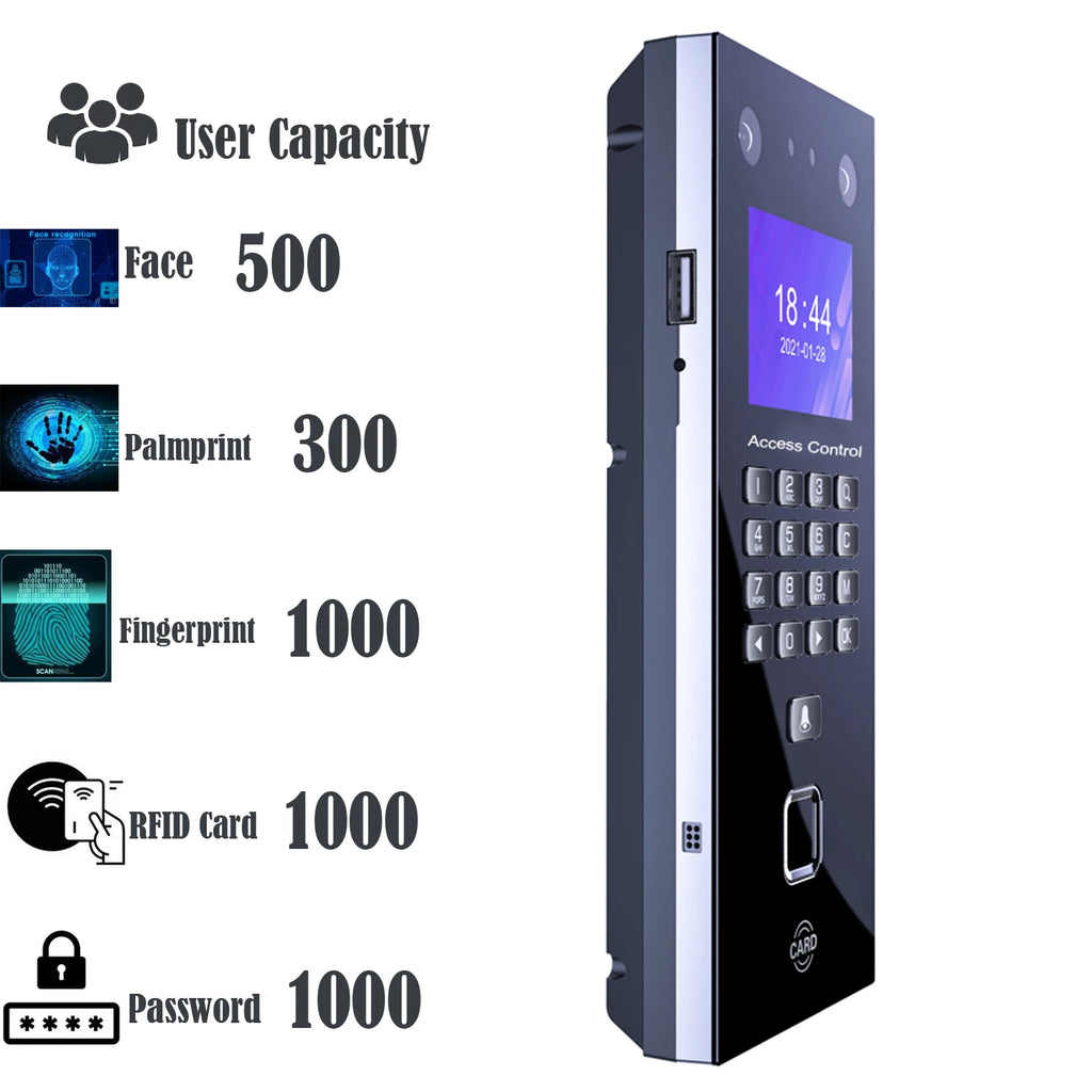 All-in-One Multi-Biometric Access Control System: 500 Face & 1000 Fingerprints Capacity with RFID/Palm/Keypad for Office/Factory Vue