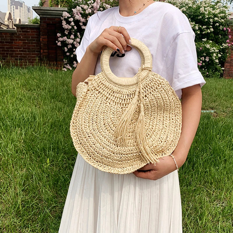 Summer Women Round Straw Bags Rattan Shoulder Bag Handmade Woven