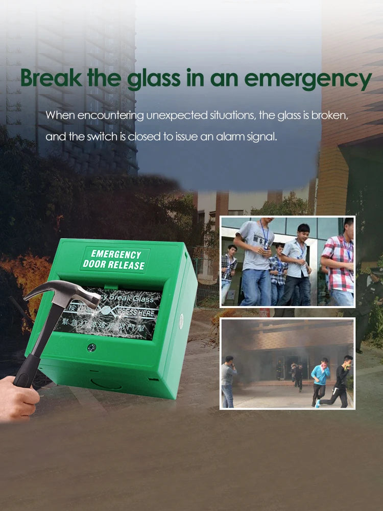 Emergency Fire Alarm Switch Break Glass Signal Door Release Exit Button for Safety Escape Path Vue