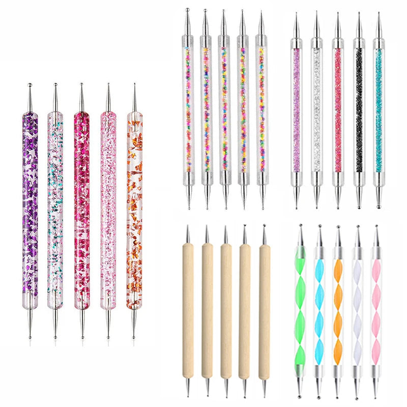 5Pc Rhinestone Design Dual End Acrylic Nail Art Carving Dotting Pen Tip Liner Painting Drawing Brush Gel UV Polish Manicure Tool Vue