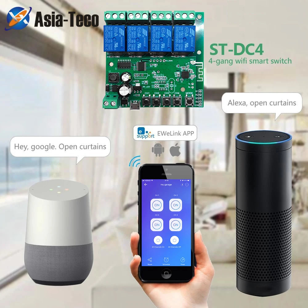 WiFi Smart Switch Self-Locking 4-Way Relay Module Remote Control DC 5V-32V/12V AC 220V Wireless Interlock Switch for Smart Home Vue