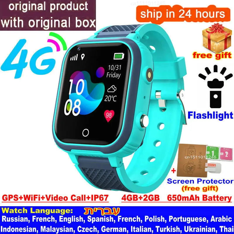 New 4G Smart Watch Kids GPS WIFI Video Call SOS IP67 Waterproof LT21 Child Smartwatch Camera Voice Monitor Tracker Location Vue blue Global version