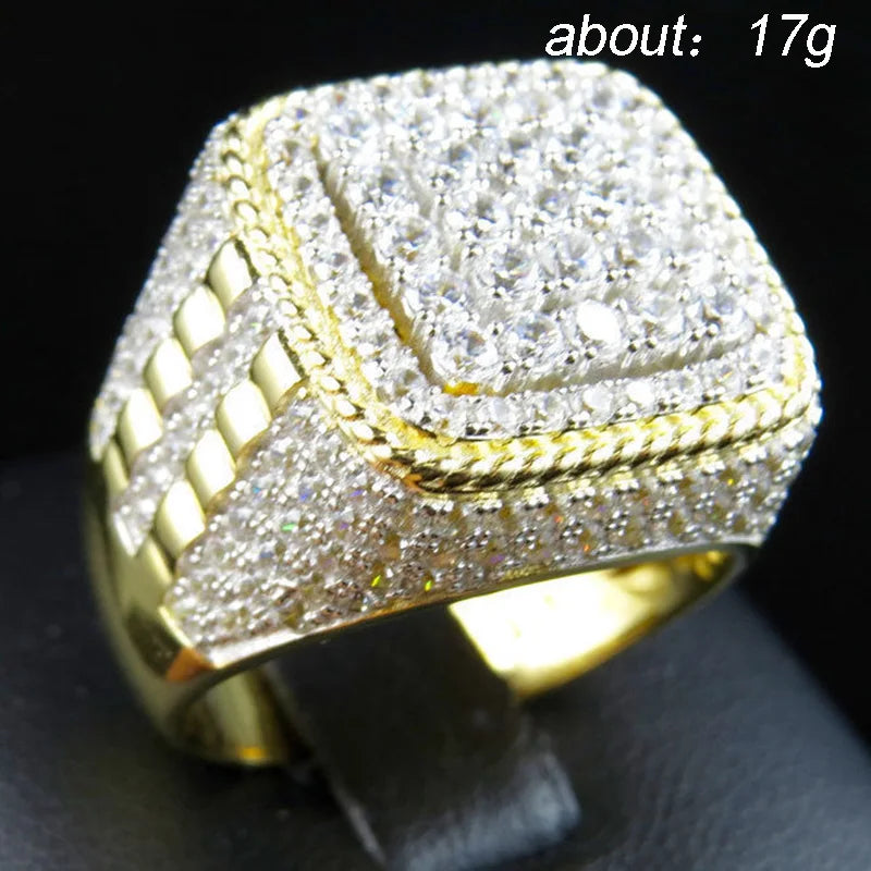 Huitan Iced Out CZ Men's Hip Hop Ring | Light Gold Pavé Men's Fashion Ring Vue
