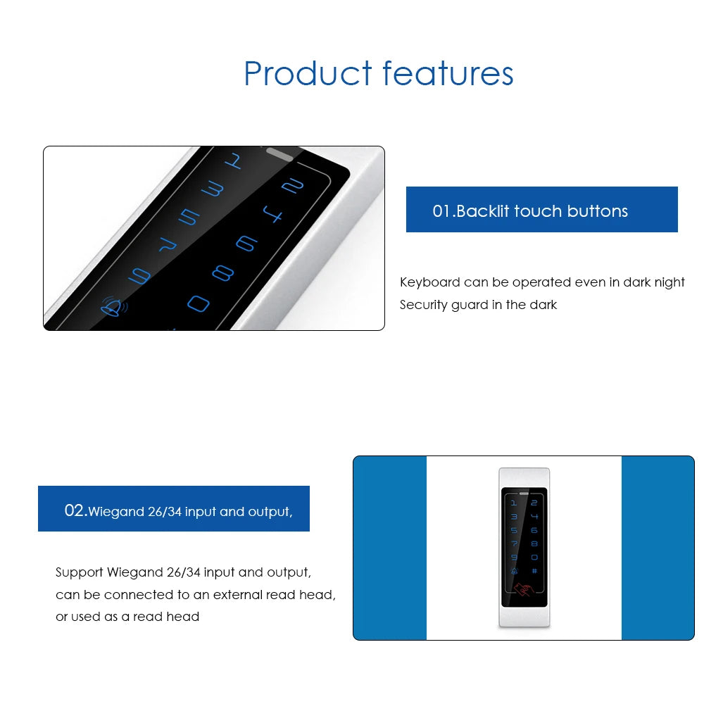 Narrow 125Khz RFID Metal Keypad Keyfob Entry Door Lock Waterproof Access Controller Wiegand Auto Lock System M03 Vue