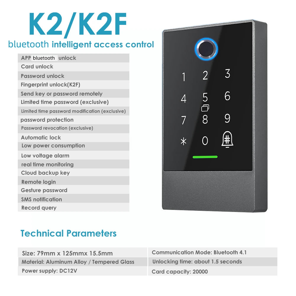 TTlock Bluetooth Access Control System - K2/K2F Wifi Gateway Lock with Fingerprint Reader Keypad Card Reader 13.56MHZ App Door Vue