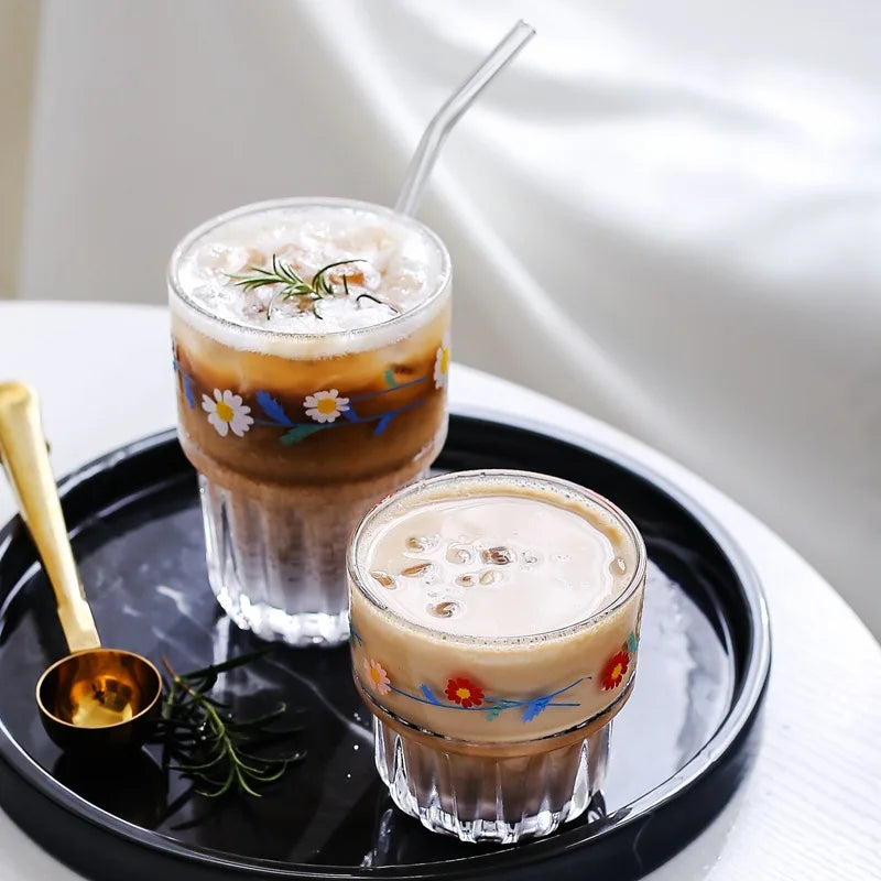 Korean Flower Glass Mug Gold Letter Printing Breakfast Milk Coffee Cup Crystal Transparent Heat-resistant Cup Home Drinkware Vue