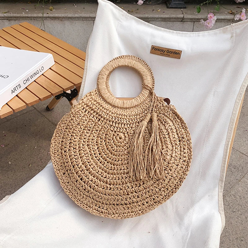 Summer Women Round Straw Bags Rattan Shoulder Bag Handmade Woven Vue khaki 33x9x33cm