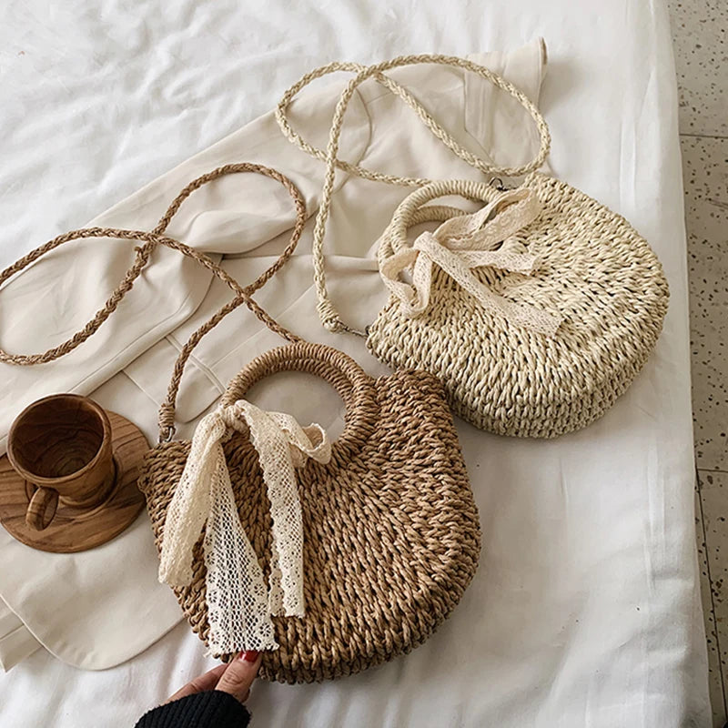Straw Bag Women Hand-woven Handbag Moon Shape Lace Bow Rattan Big