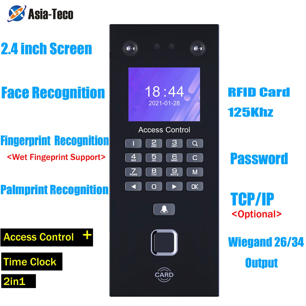 2.4 inch Facial Access Control Time Attendance IR Face Recognition 125KHz RFID Keypad Palmprint +Fingerprint Vue