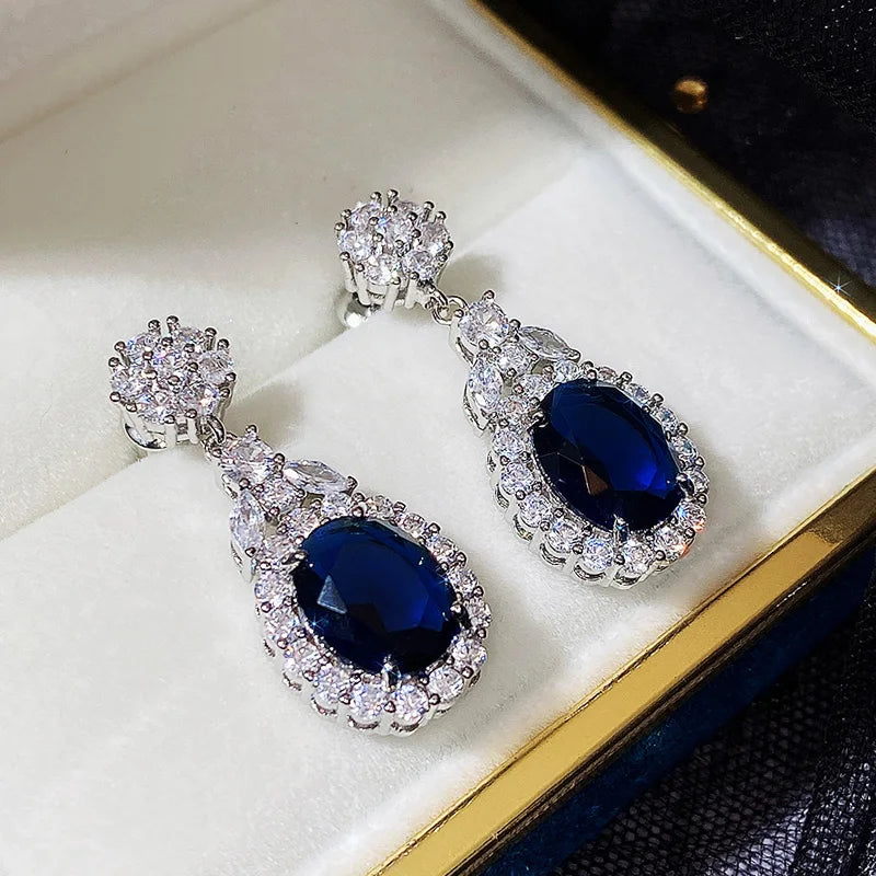 Huitan Blue Cubic Zirconia Drop Earrings | Silver Tone Women Drop Earrings Vue