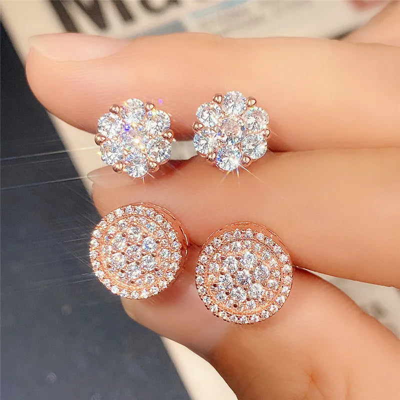 Huitan CZ Stud Earrings – Round & Flower Bridal Jewelry Women CZ Stud Earrings Vue