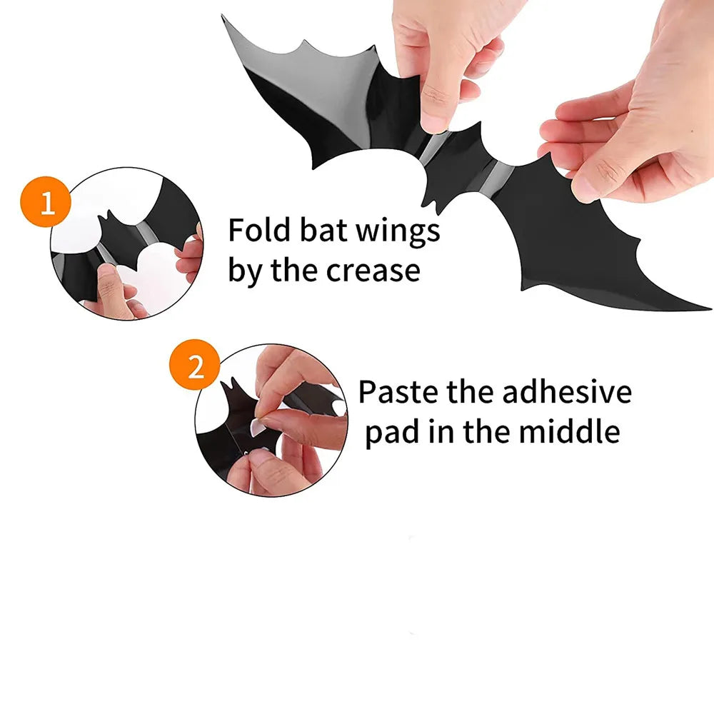 60PCS 3D PVC Halloween Bat Stickers 4 Sizes Scary Wall Decal Waterproof Window Clings for Party Indoor Decor Vue