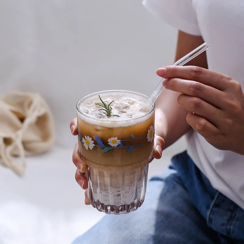 Korean Flower Glass Mug Gold Letter Printing Breakfast Milk Coffee Cup Crystal Transparent Heat-resistant Cup Home Drinkware Vue