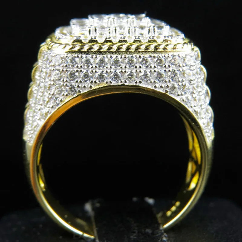 Huitan Iced Out CZ Men's Hip Hop Ring | Light Gold Pavé Men's Fashion Ring Vue
