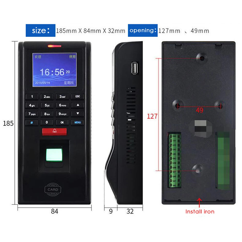 TFT Screen Linux System Standalone IC Card Reader Fingerprint Access Control System Vue