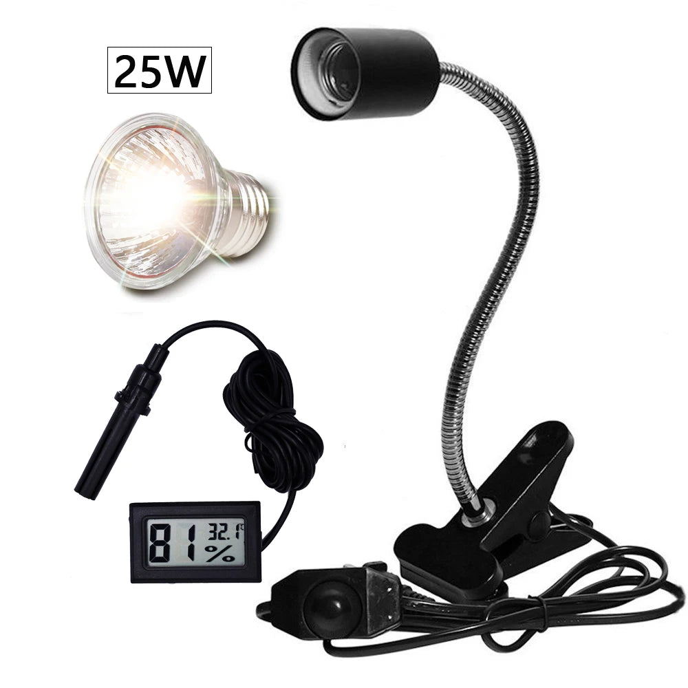 UVA+UVB 3.0 Reptile Lamp Set Clip-on Lamp Holder Bulb Thermometer Hygrometer Turtle Tortoises Lizard Sunlight Basking Heat Light Vue 25W and Black holder
