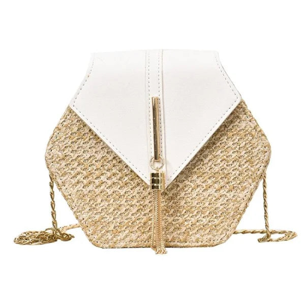 Hexagon Mulit Straw+leather Handbag Women Summer Rattan Bag Handmade