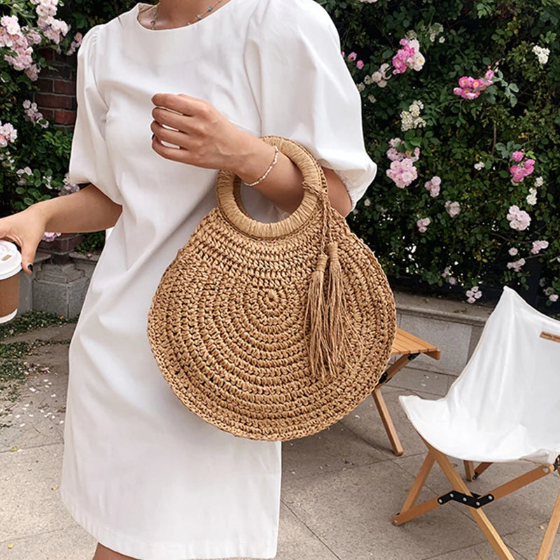 Summer Women Round Straw Bags Rattan Shoulder Bag Handmade Woven