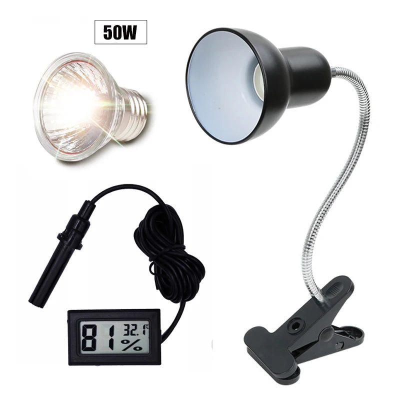 UVA+UVB 3.0 Reptile Lamp Holder Set with Clip-on Thermometer Hygrometer Lizard Turtle Tortoises Basking Heating Bulb 220V Vue 50W with holderB