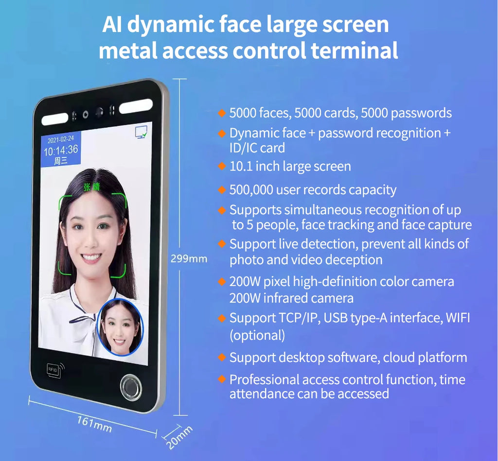 10inch Touchscreen USB Face Recognition ultra-thin Door Access Control System-Face Time Attendance Machine with RFID and TCP/IP Vue